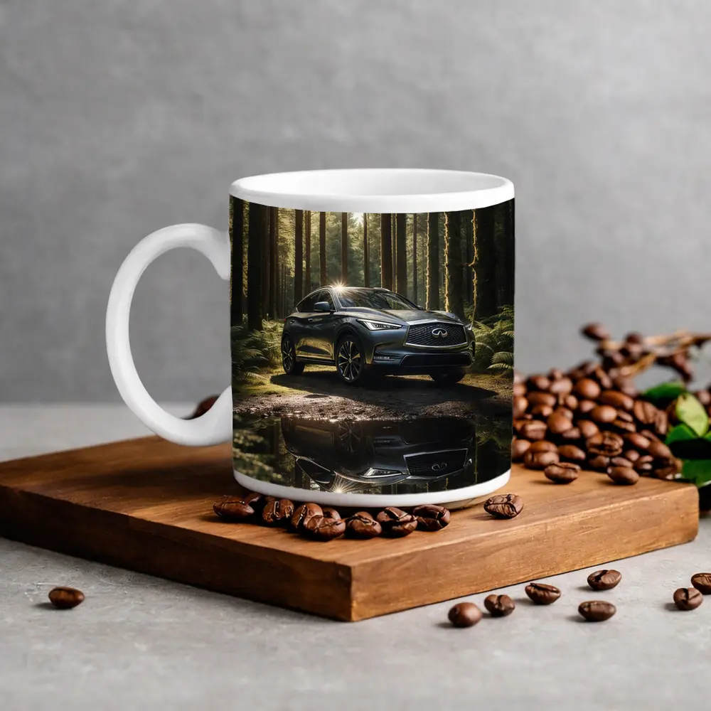 Infiniti QX50 Parked In Sunlit Forest – Mugs