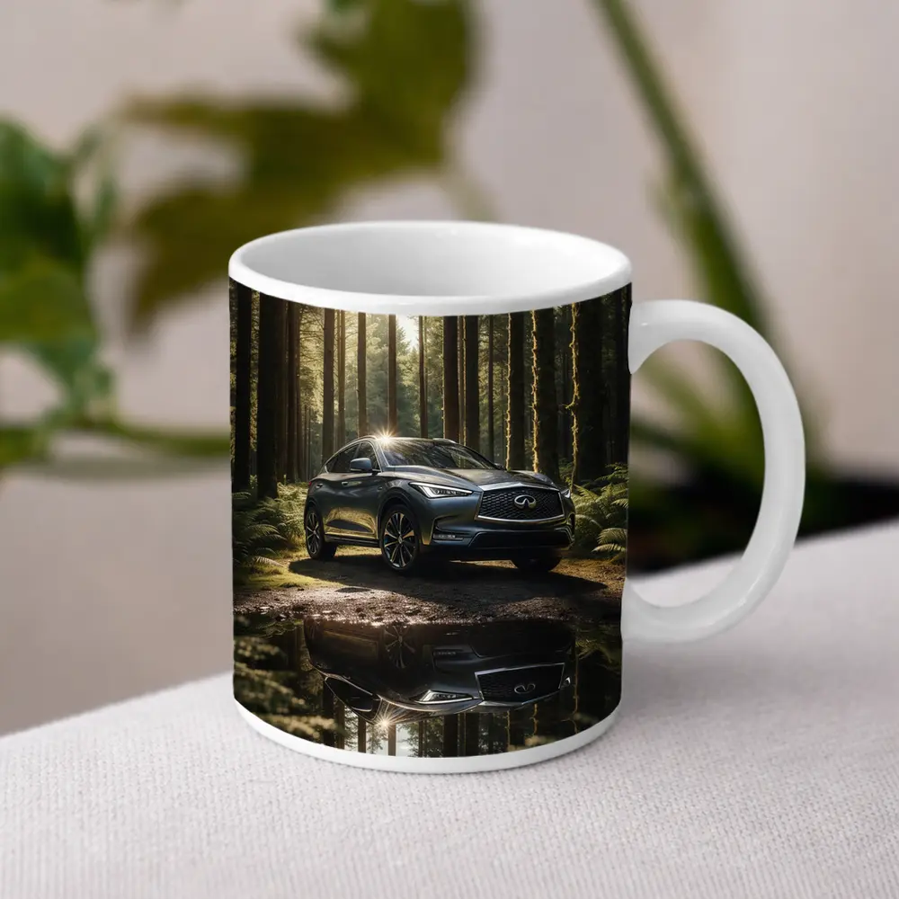 Infiniti QX50 Parked In Sunlit Forest – Mugs
