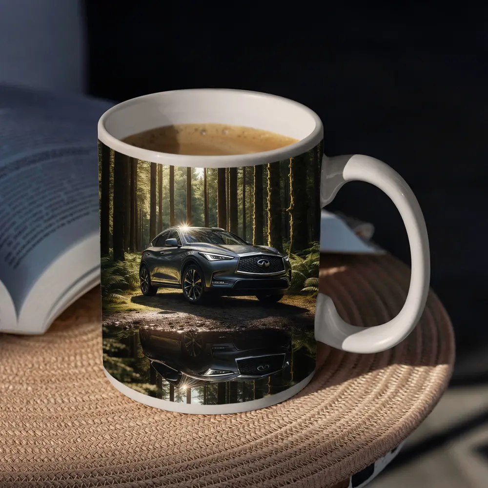 Infiniti QX50 Parked In Sunlit Forest – Mugs