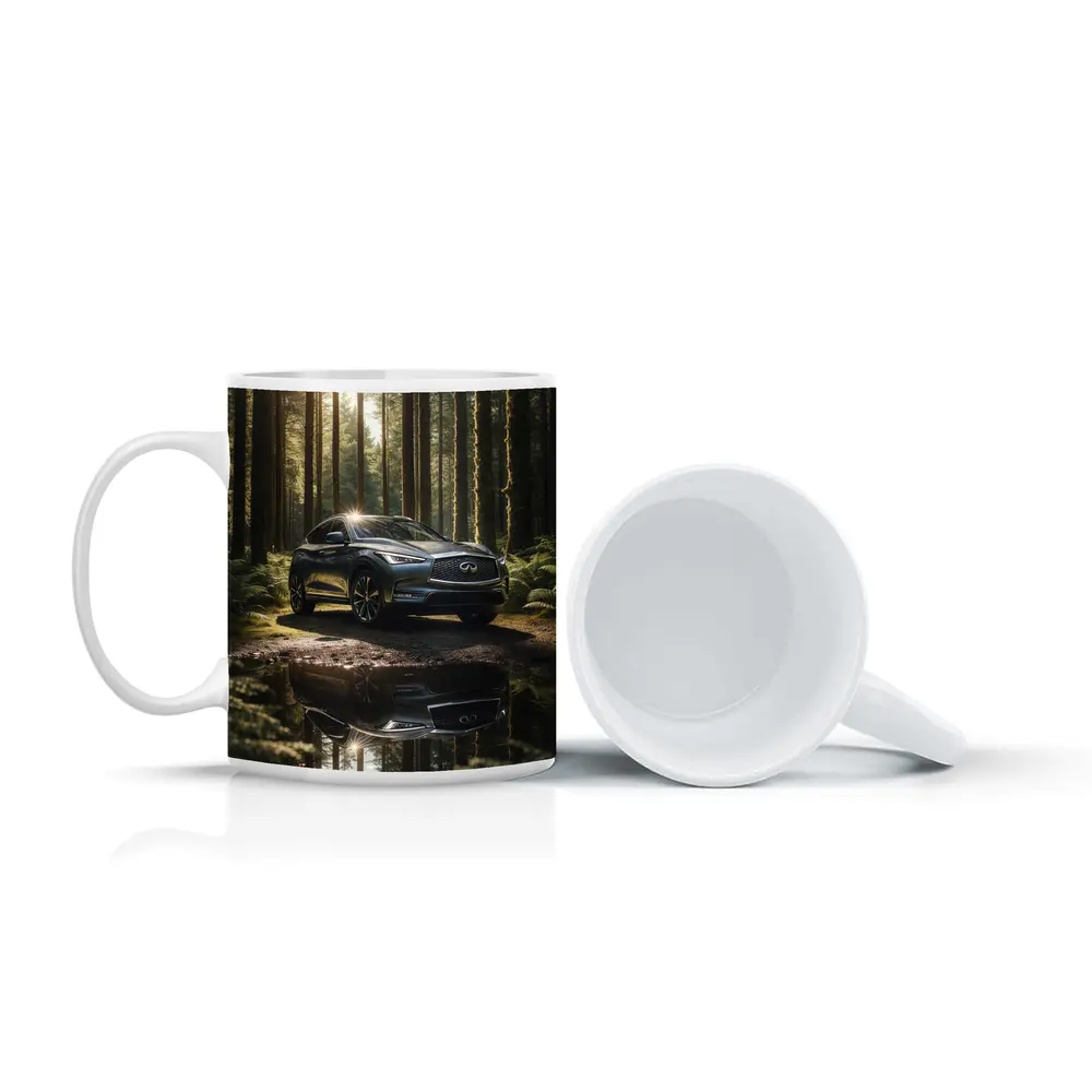 Infiniti QX50 Parked In Sunlit Forest – Mugs