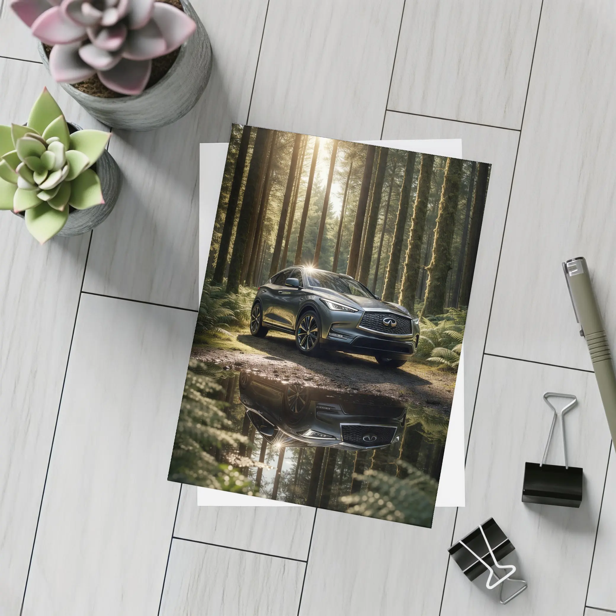 Infiniti QX50 Parked In Sunlit Forest – Postcards