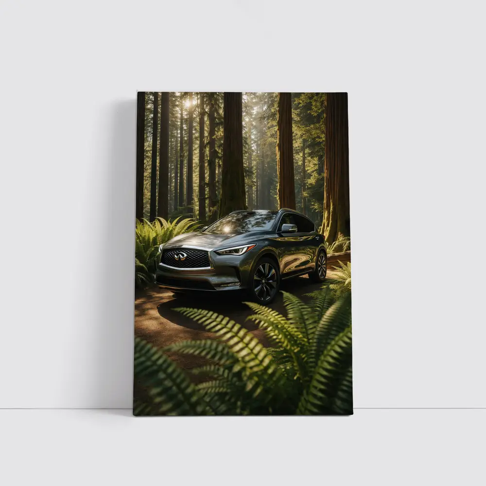 Infiniti QX50 SUV Parked in Sunlit Forest – Wall Art