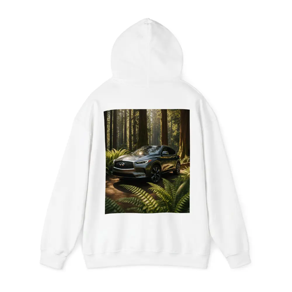 Infiniti QX50 SUV Parked in Sunlit Forest – Hoodies