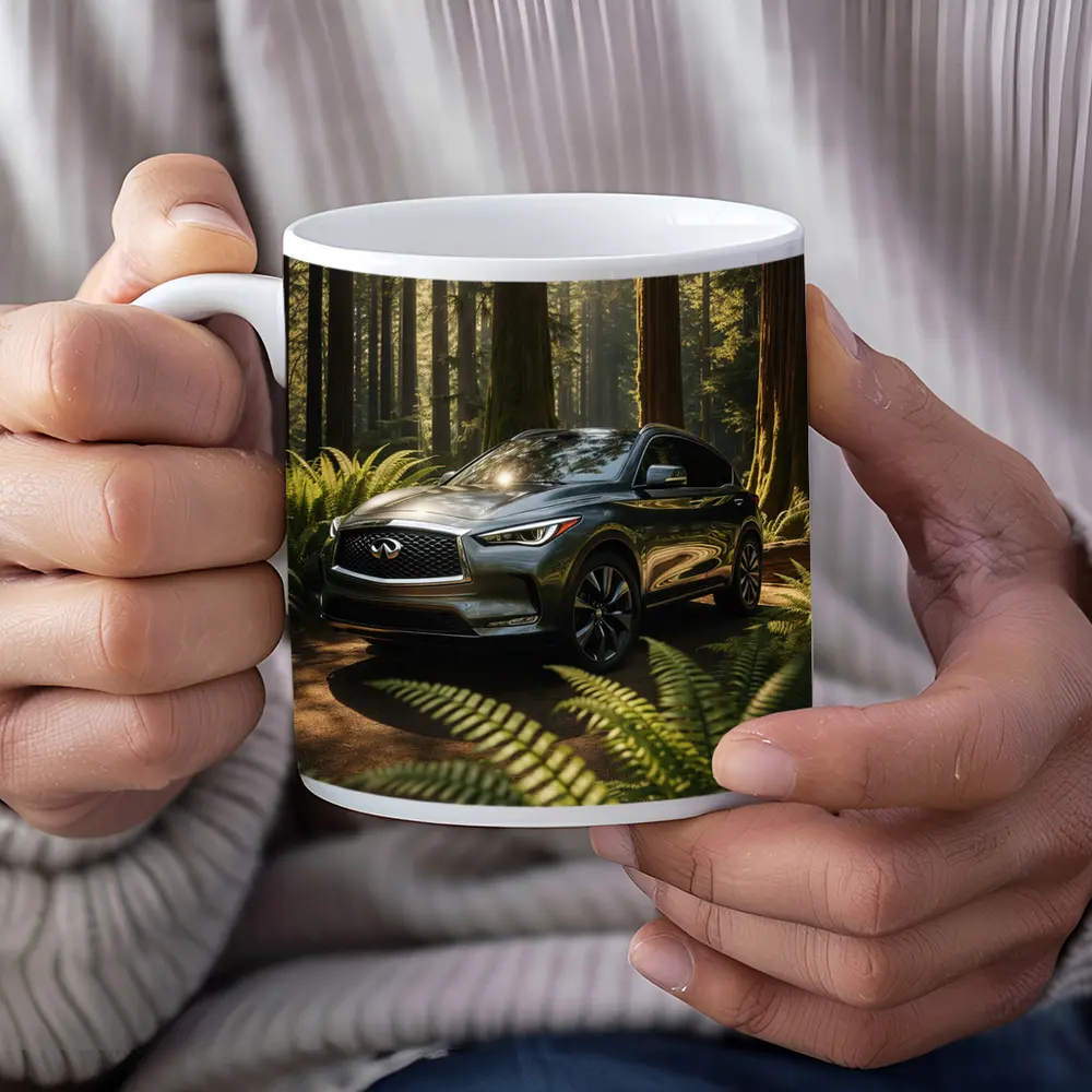 Infiniti QX50 SUV Parked in Sunlit Forest – Mugs