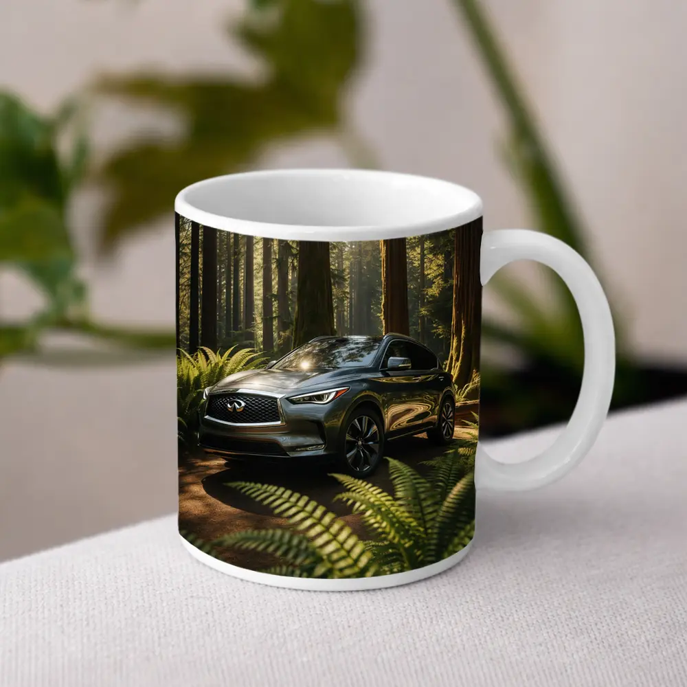 Infiniti QX50 SUV Parked in Sunlit Forest – Mugs