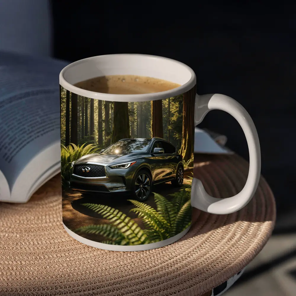 Infiniti QX50 SUV Parked in Sunlit Forest – Mugs