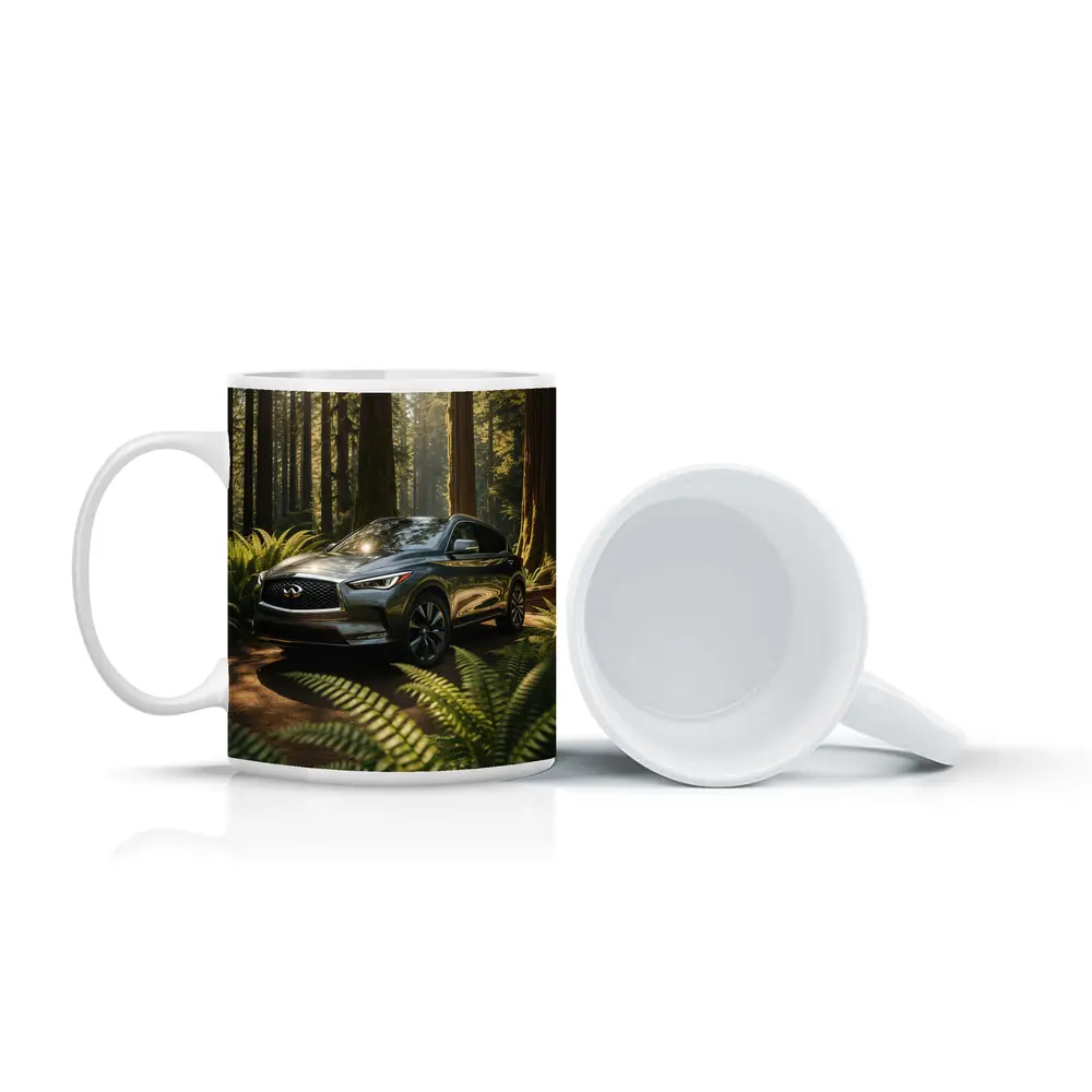 Infiniti QX50 SUV Parked in Sunlit Forest – Mugs
