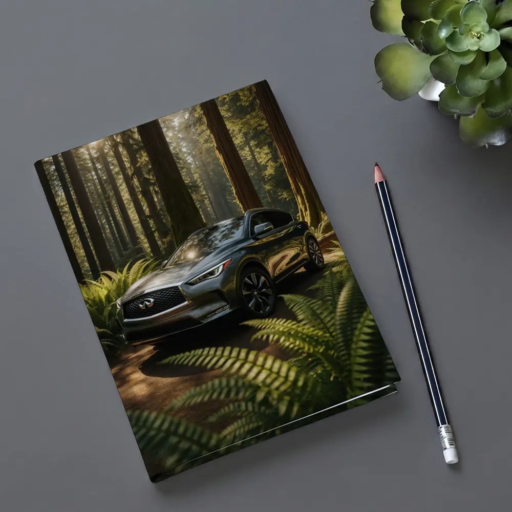 Infiniti QX50 SUV Parked in Sunlit Forest – Notebooks