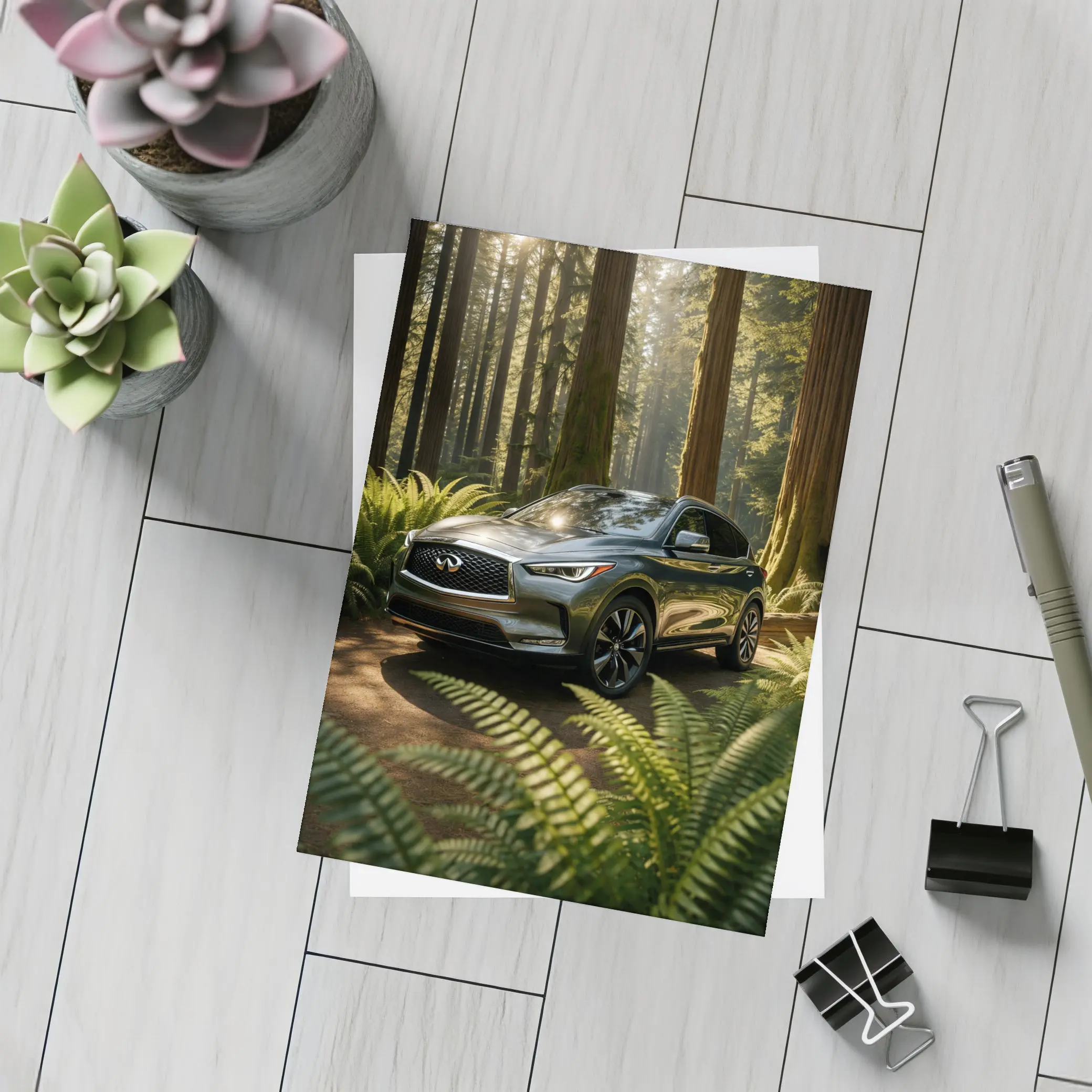 Infiniti QX50 SUV Parked in Sunlit Forest – Postcards