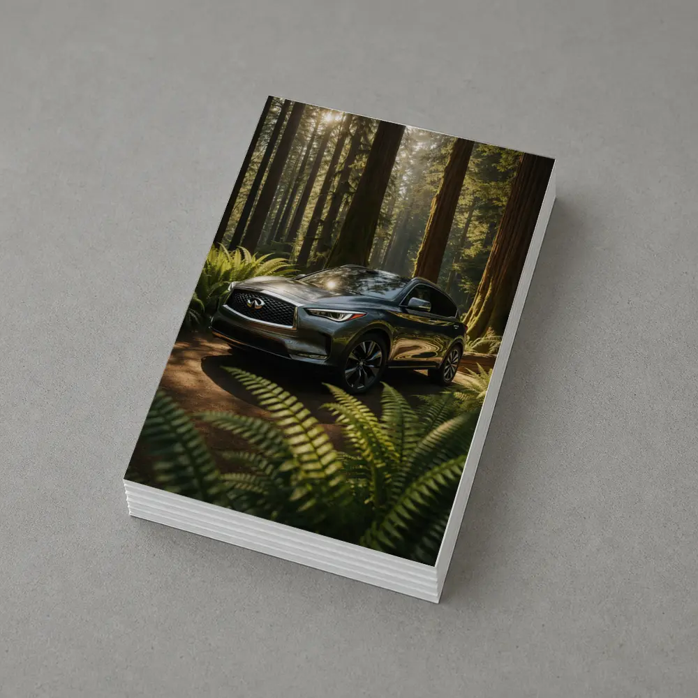 Infiniti QX50 SUV Parked in Sunlit Forest – Postcards