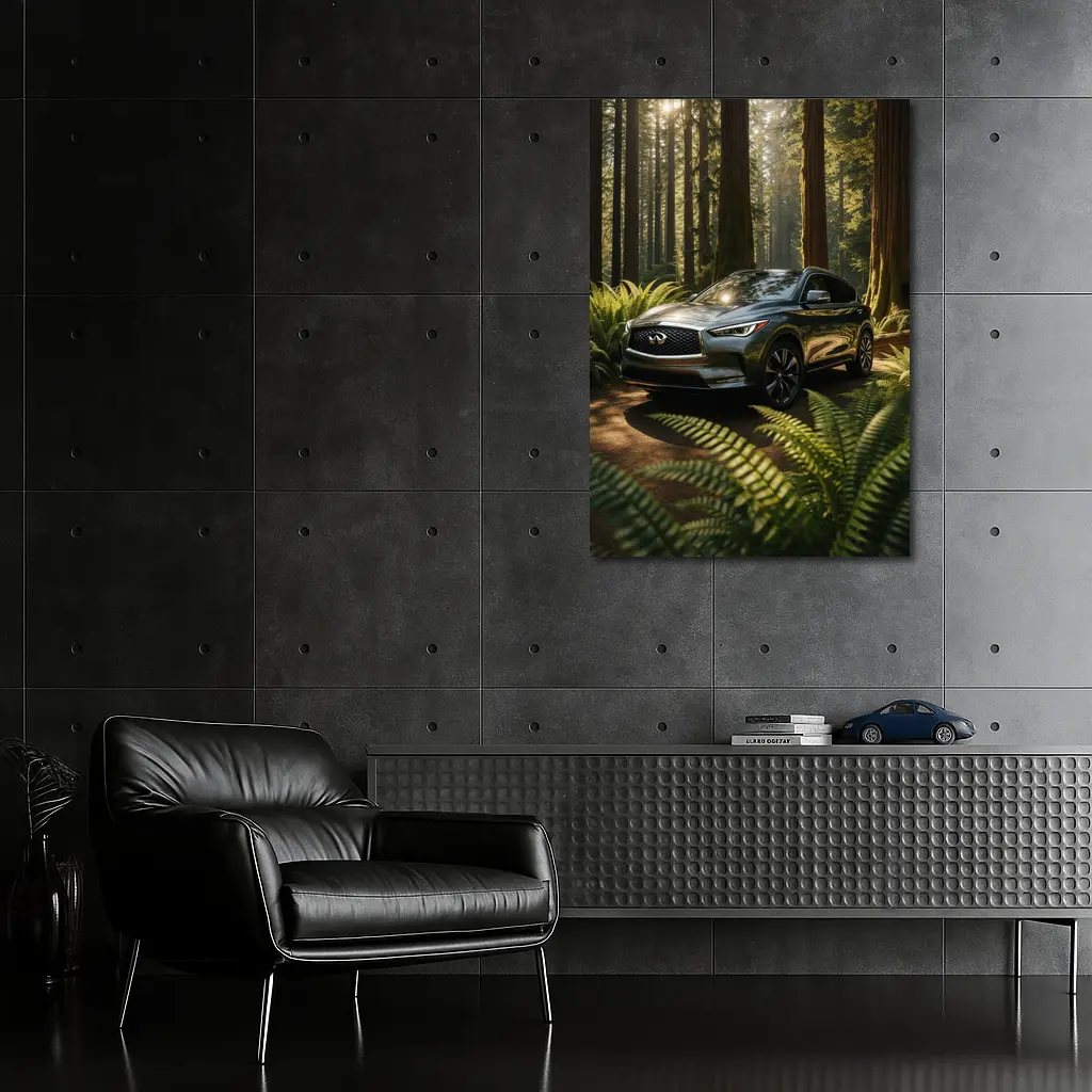 Infiniti QX50 SUV Parked in Sunlit Forest – Wall Art