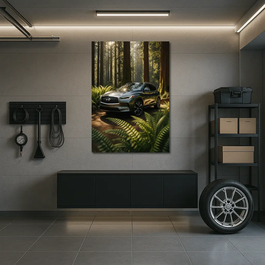 Infiniti QX50 SUV Parked in Sunlit Forest – Wall Art