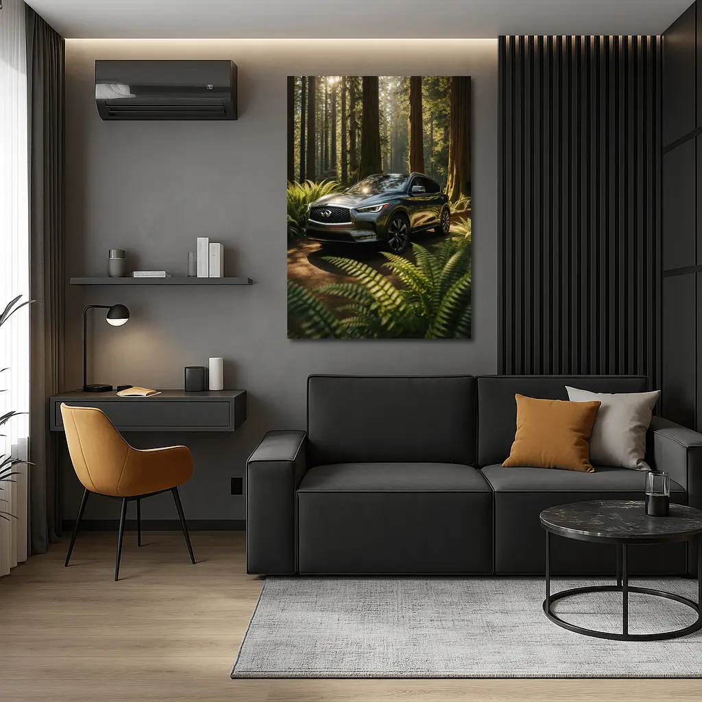 Infiniti QX50 SUV Parked in Sunlit Forest – Wall Art