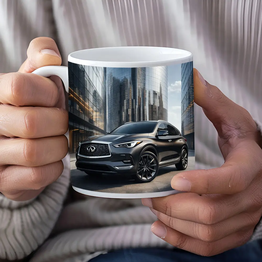 Infiniti QX50 Parked Near Glass Skyscrapers – Mugs