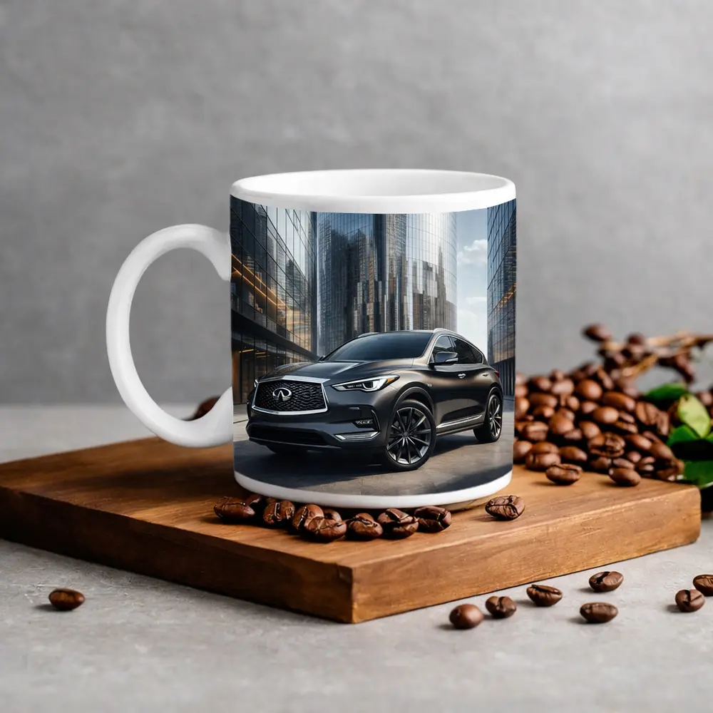 Infiniti QX50 Parked Near Glass Skyscrapers – Mugs