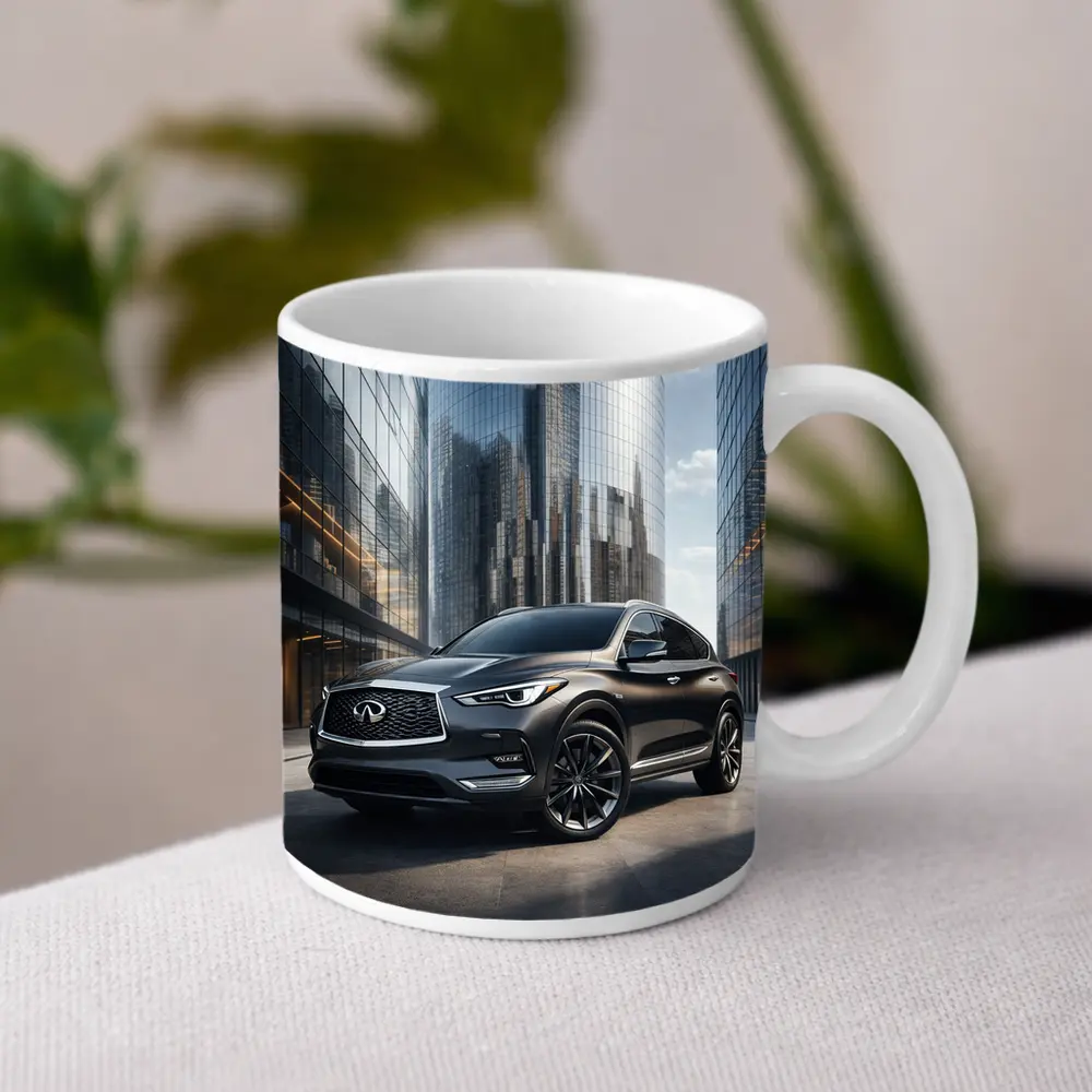 Infiniti QX50 Parked Near Glass Skyscrapers – Mugs