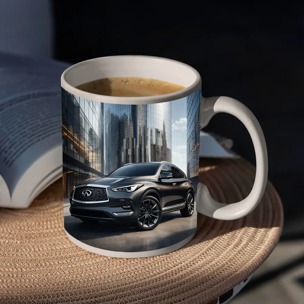 Infiniti QX50 Parked Near Glass Skyscrapers – Mugs