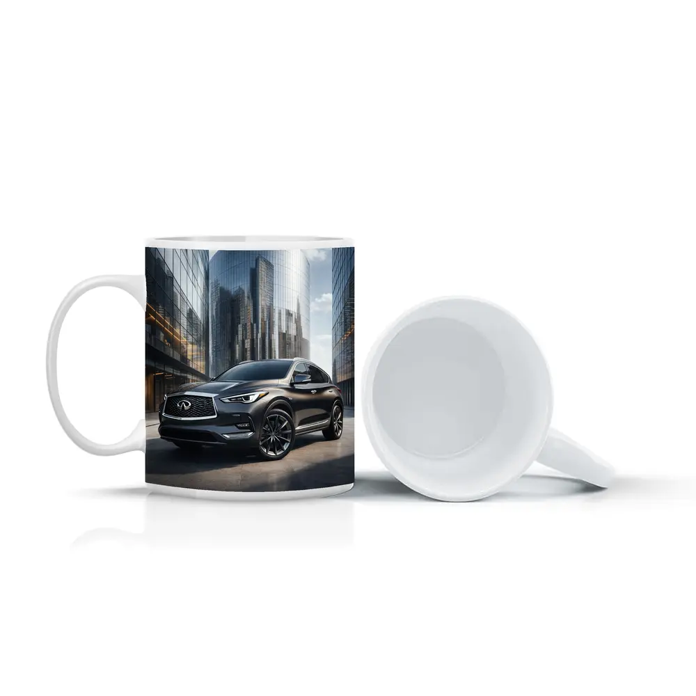 Infiniti QX50 Parked Near Glass Skyscrapers – Mugs