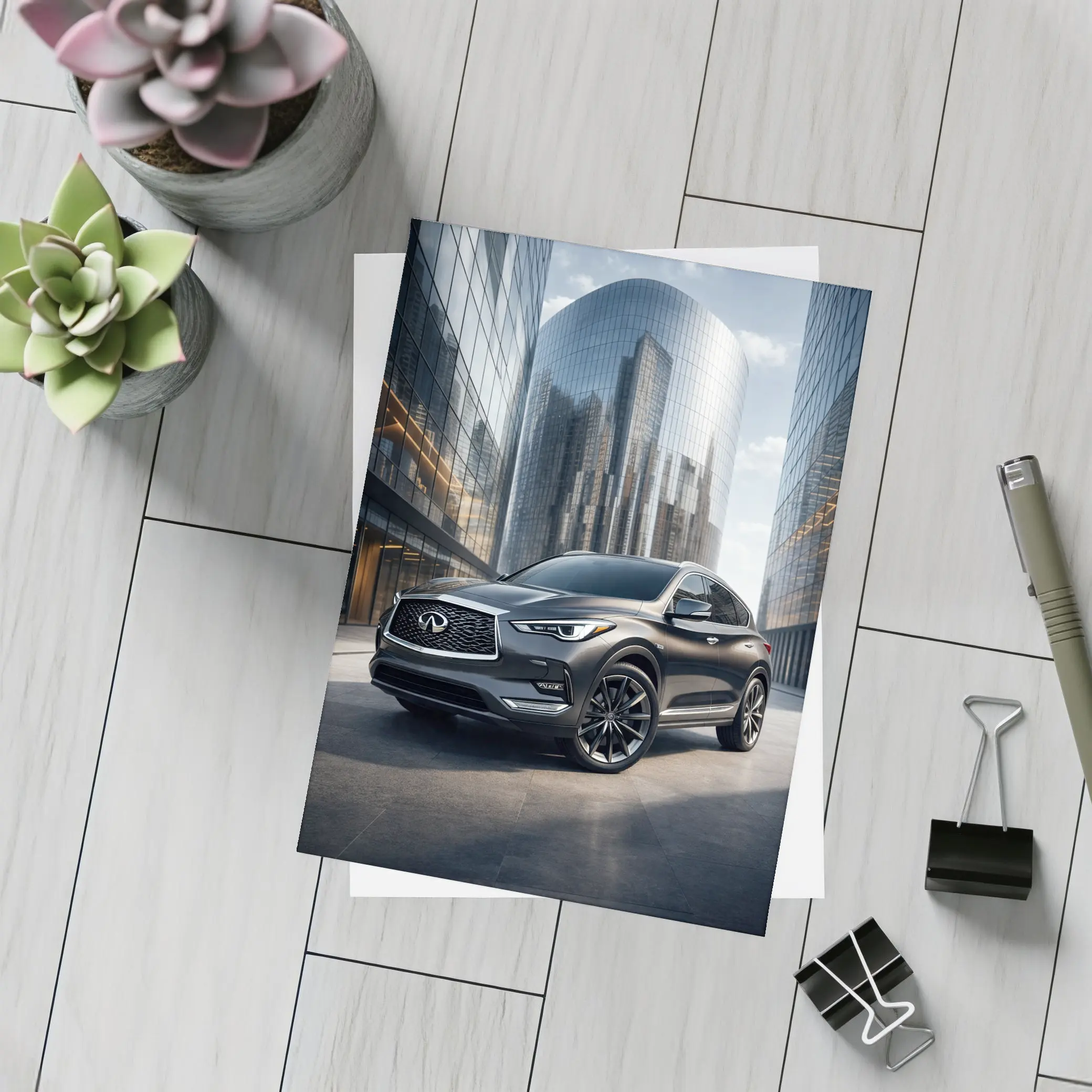 Infiniti QX50 Parked Near Glass Skyscrapers – Postcards
