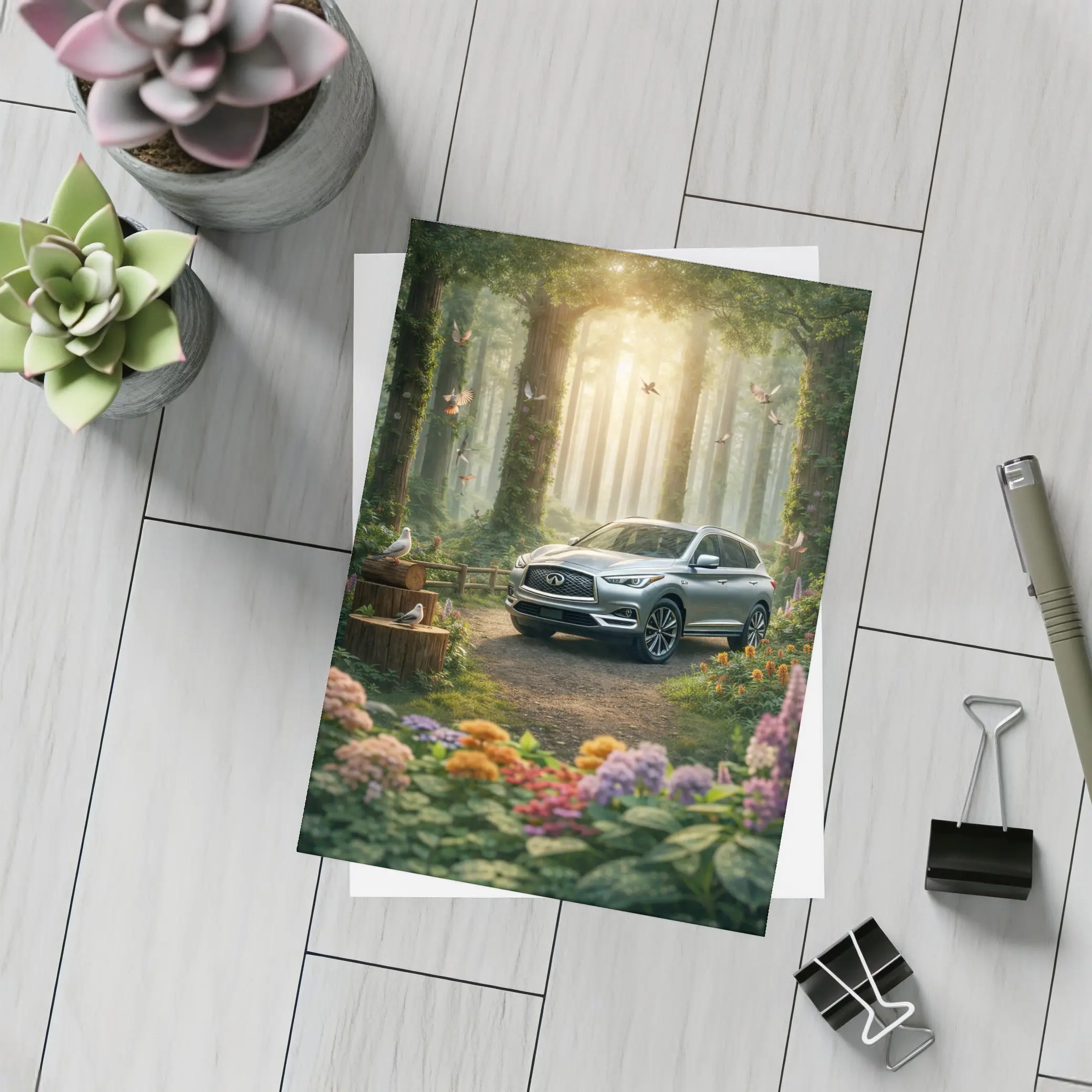 Infiniti QX60 Silver SUV Forest Setting – Postcards