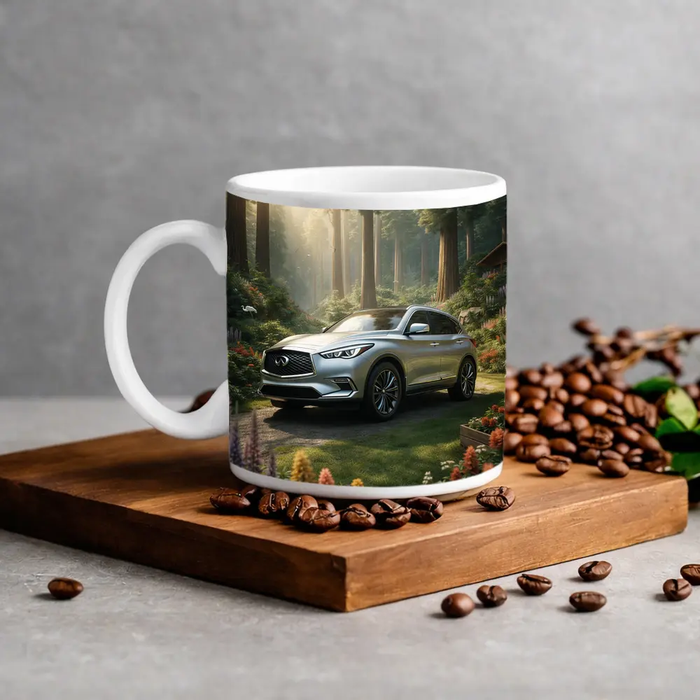 Infiniti QX50 Silver SUV Forest Garden Setting – Mugs