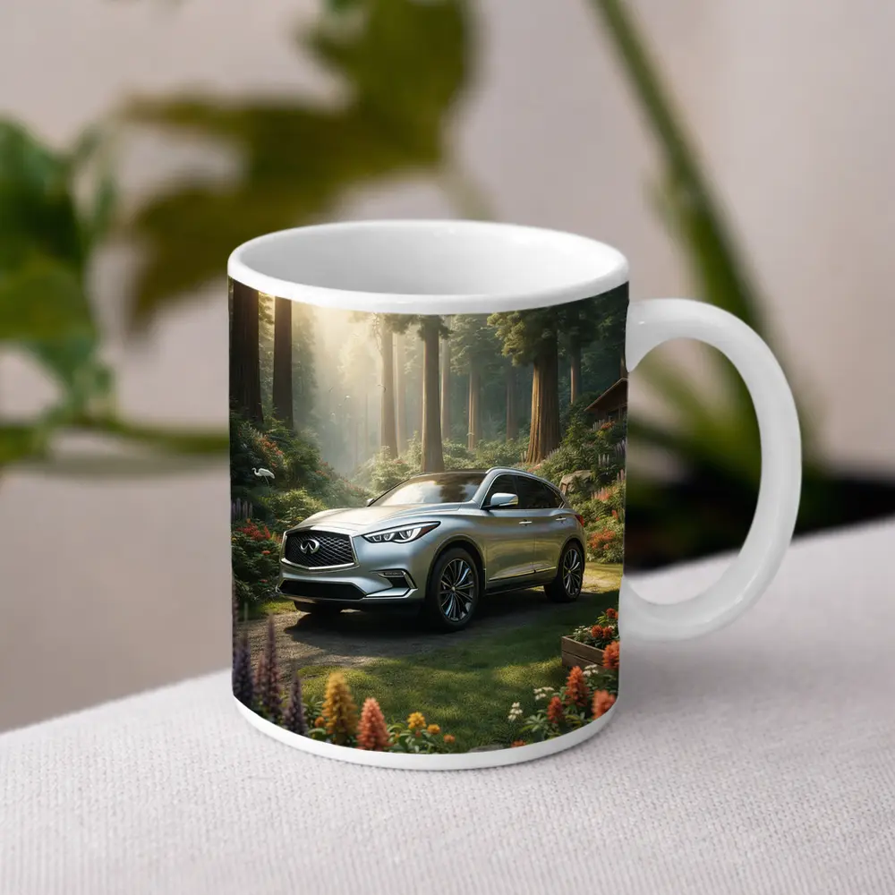 Infiniti QX50 Silver SUV Forest Garden Setting – Mugs