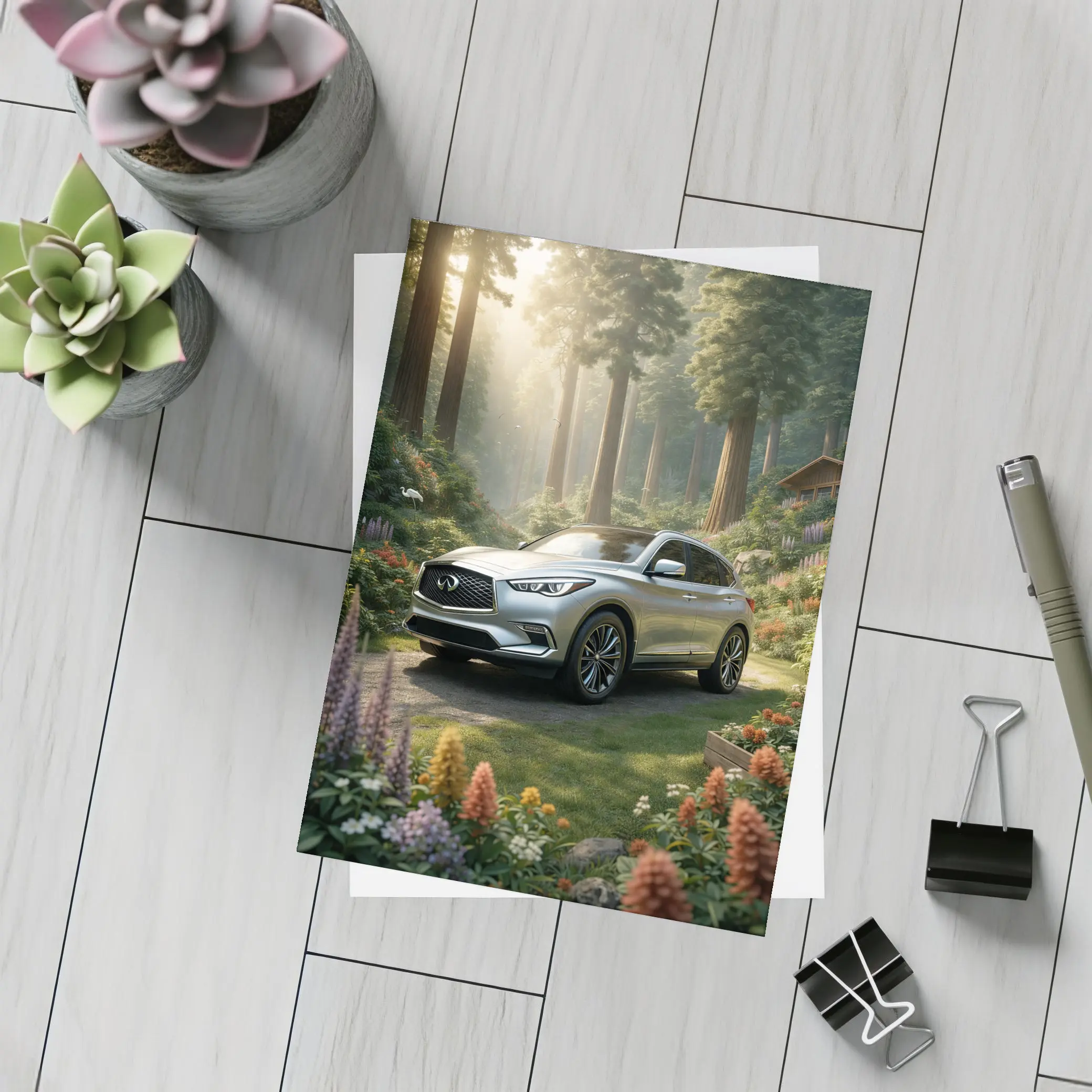 Infiniti QX50 Silver SUV Forest Garden Setting – Postcards