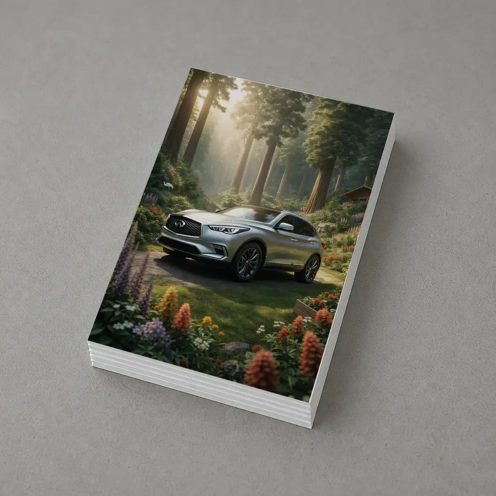 Infiniti QX50 Silver SUV Forest Garden Setting – Postcards