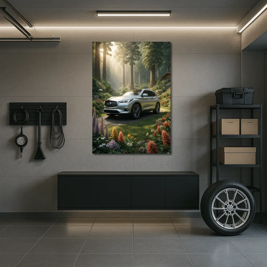 Infiniti QX50 Silver SUV Forest Garden Setting – Wall Art