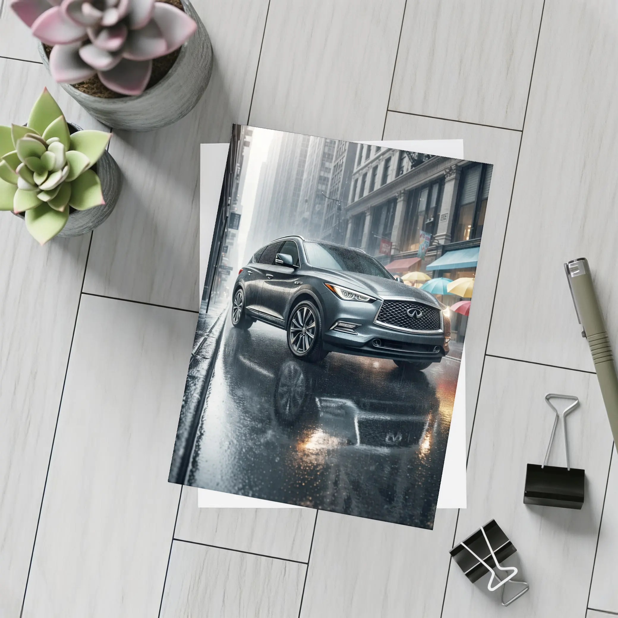 Infiniti QX60 Rainy City Street Scene – Postcards
