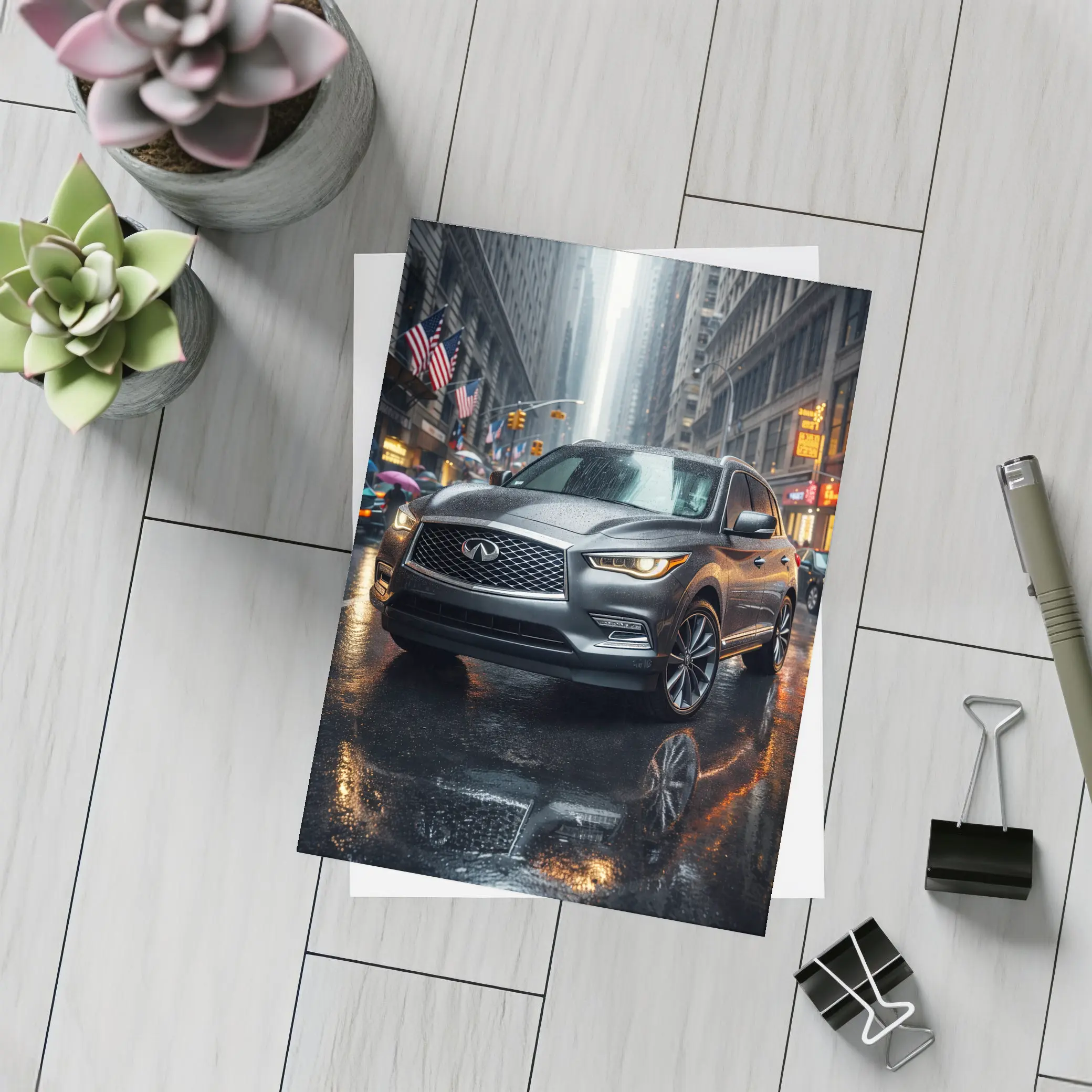 Infiniti QX60 SUV Rainy City Street – Postcards