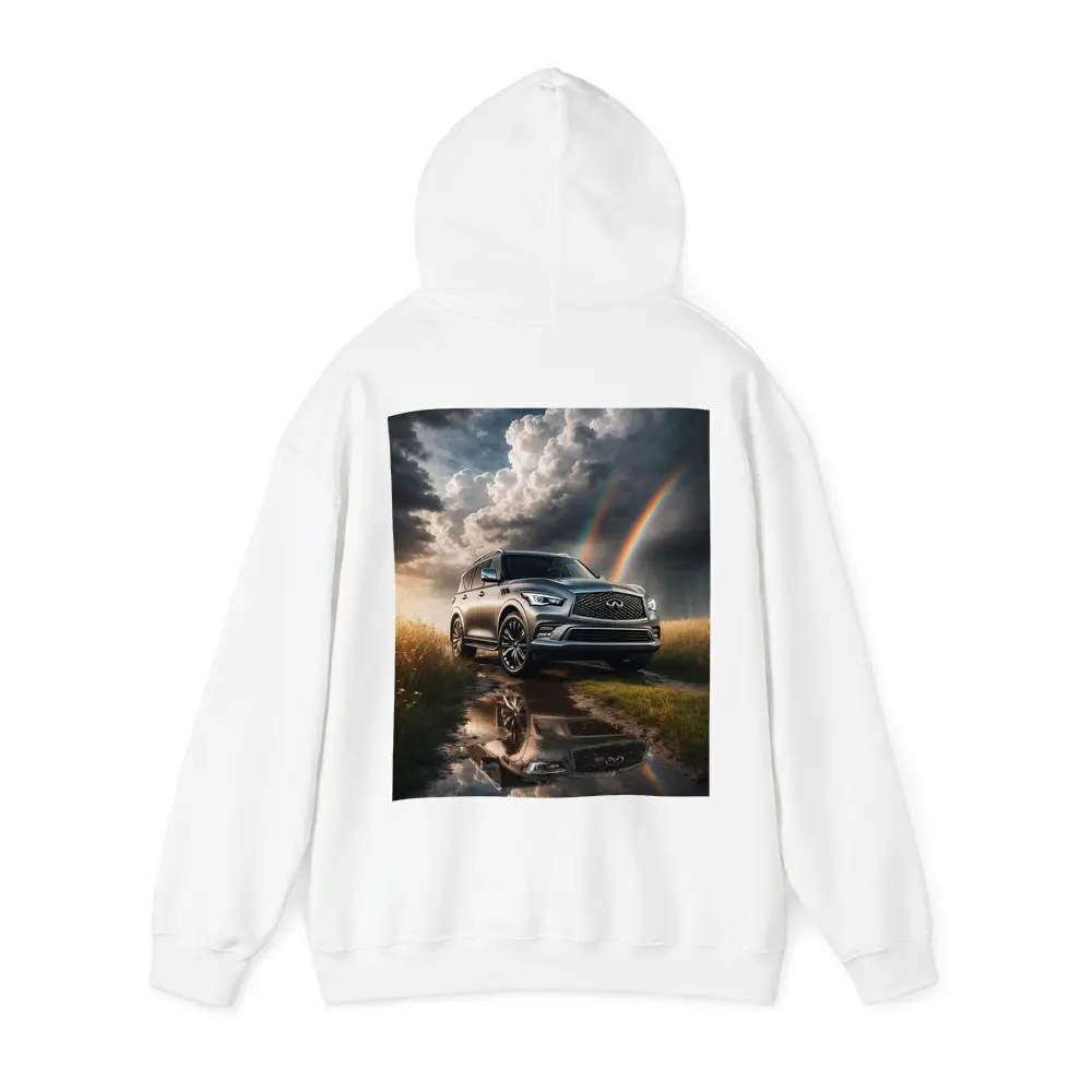 Infiniti QX80 SUV Under Dramatic Rainbow Skies – Hoodies