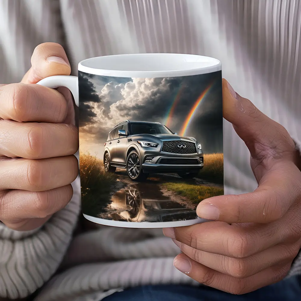 Infiniti QX80 SUV Under Dramatic Rainbow Skies – Mugs