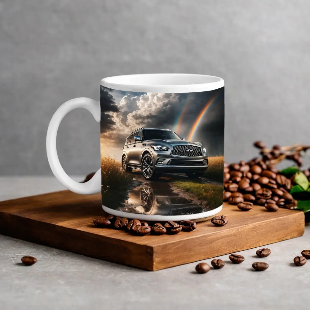 Infiniti QX80 SUV Under Dramatic Rainbow Skies – Mugs