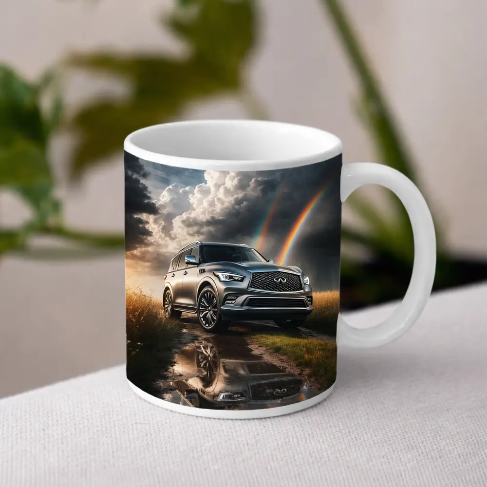 Infiniti QX80 SUV Under Dramatic Rainbow Skies – Mugs