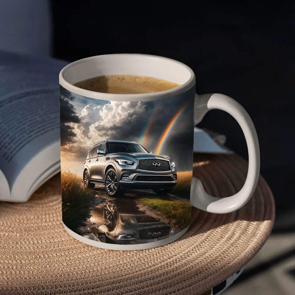 Infiniti QX80 SUV Under Dramatic Rainbow Skies – Mugs