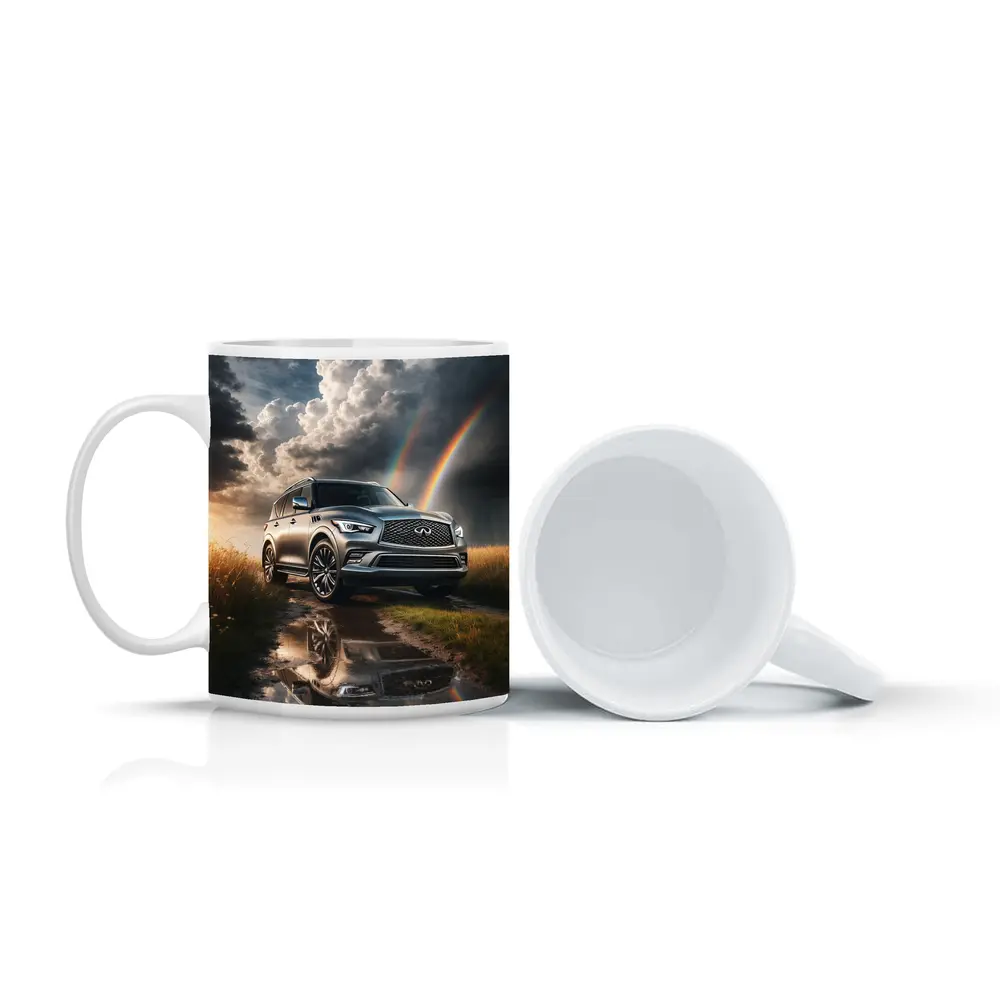 Infiniti QX80 SUV Under Dramatic Rainbow Skies – Mugs