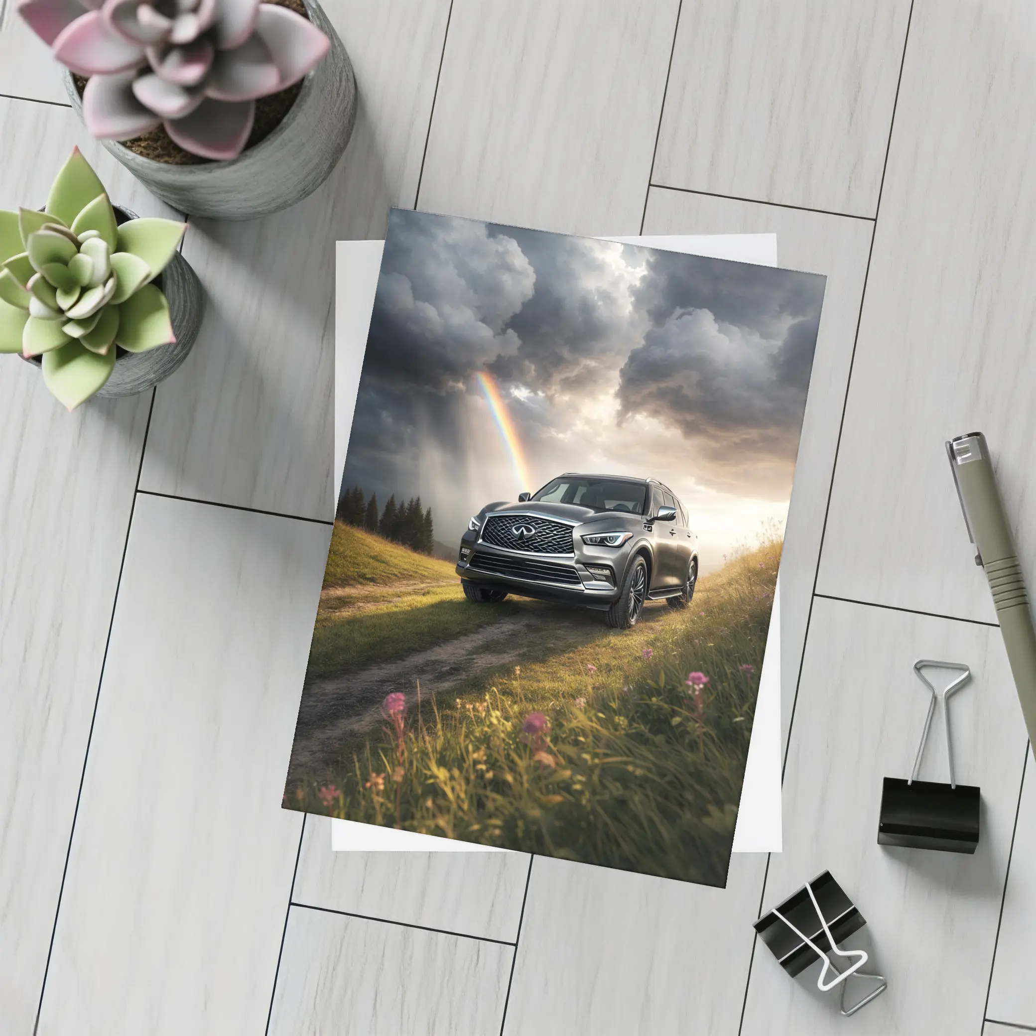 Infiniti QX80 SUV Dramatic Rainbow Meadow – Postcards