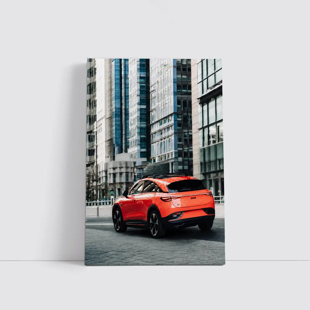 Red Electric SUV City Glass Buildings – Wall Art