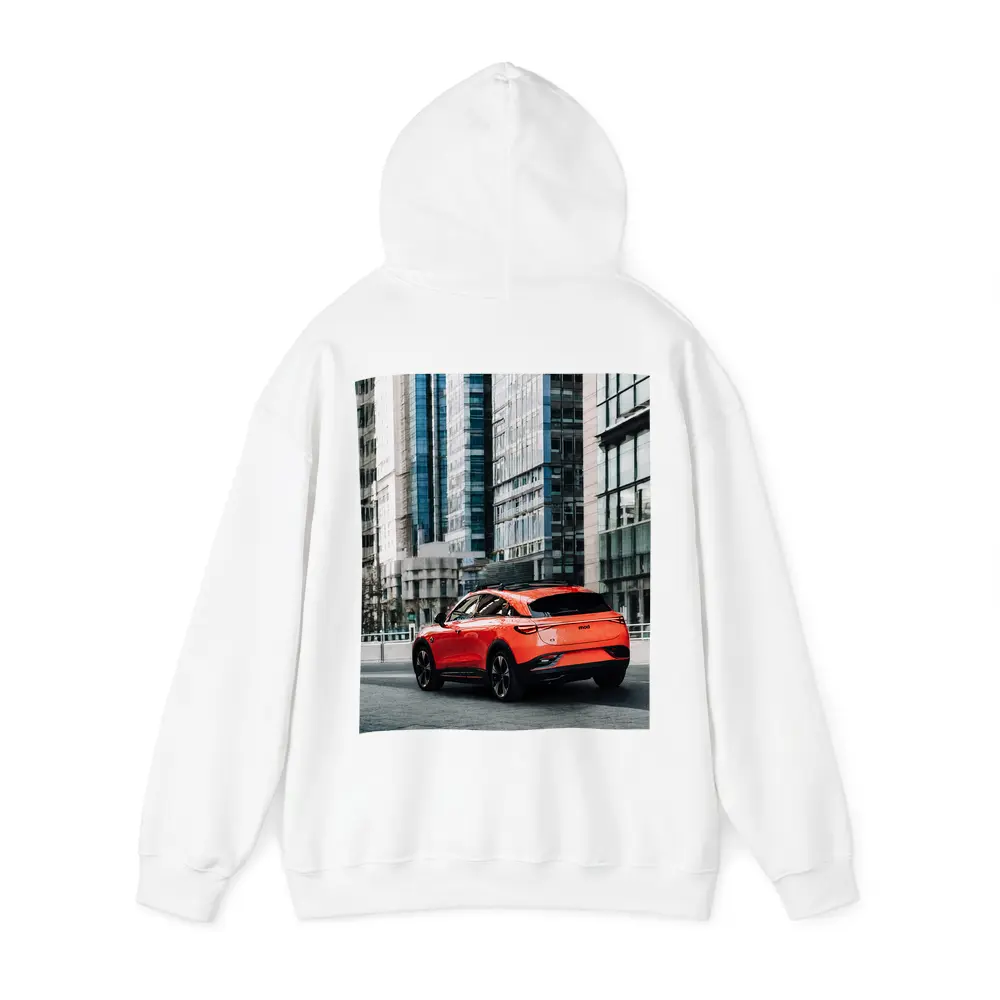 Red Electric SUV City Glass Buildings – Hoodies