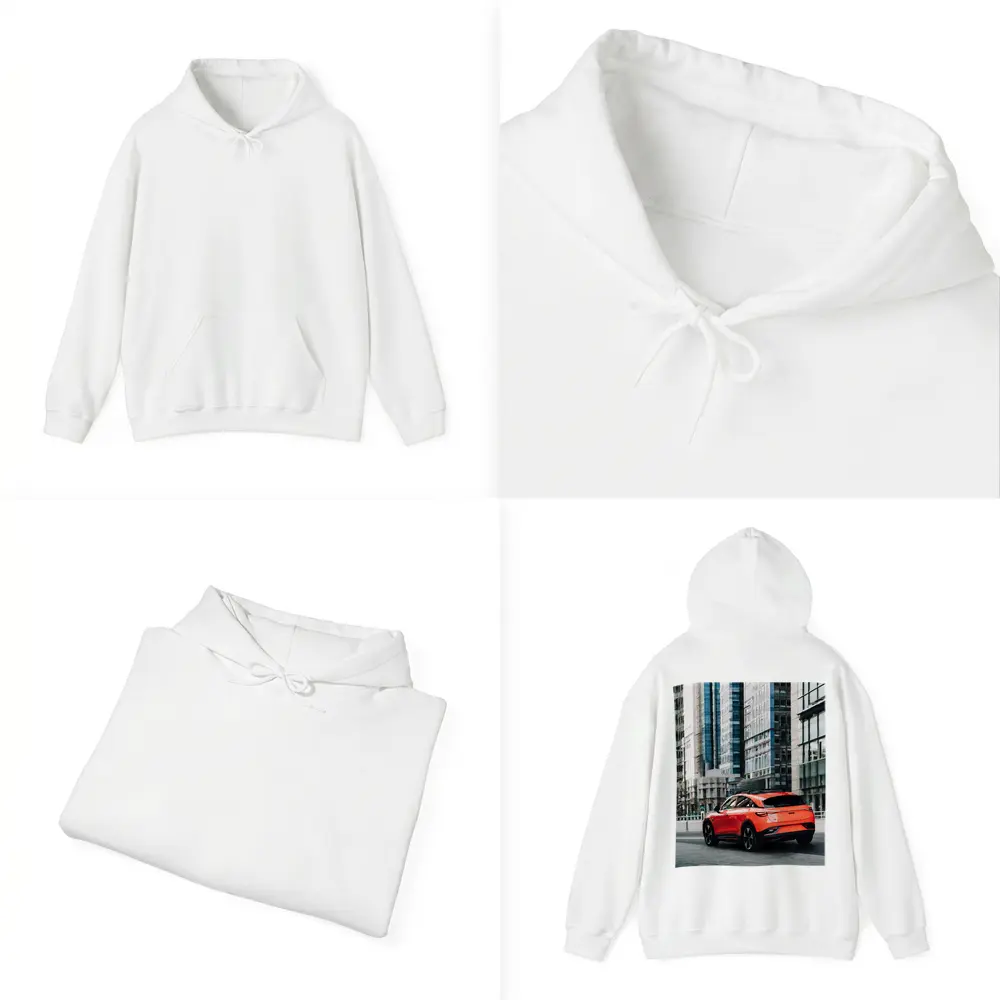 Red Electric SUV City Glass Buildings – Hoodies