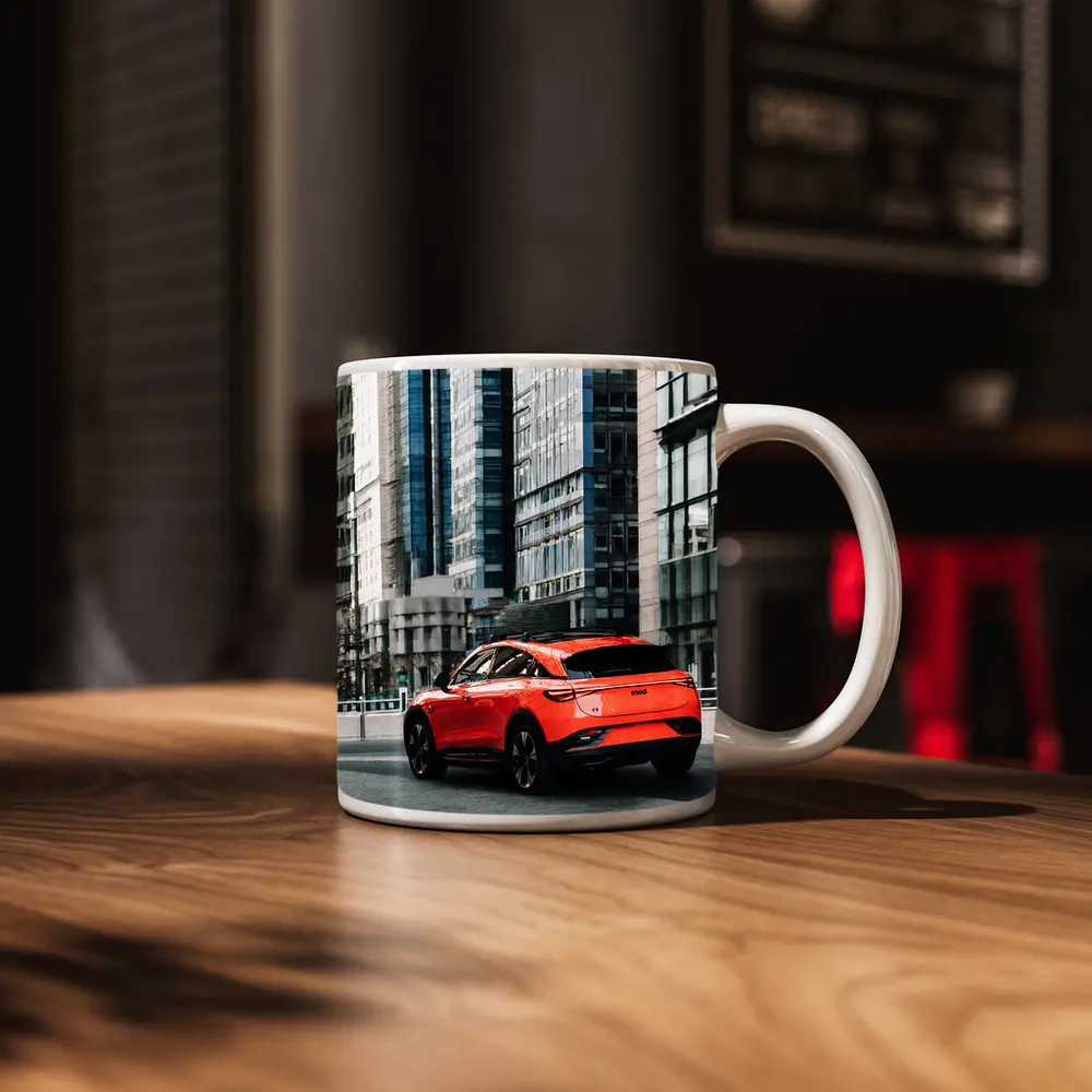 Red Electric SUV City Glass Buildings – Mugs