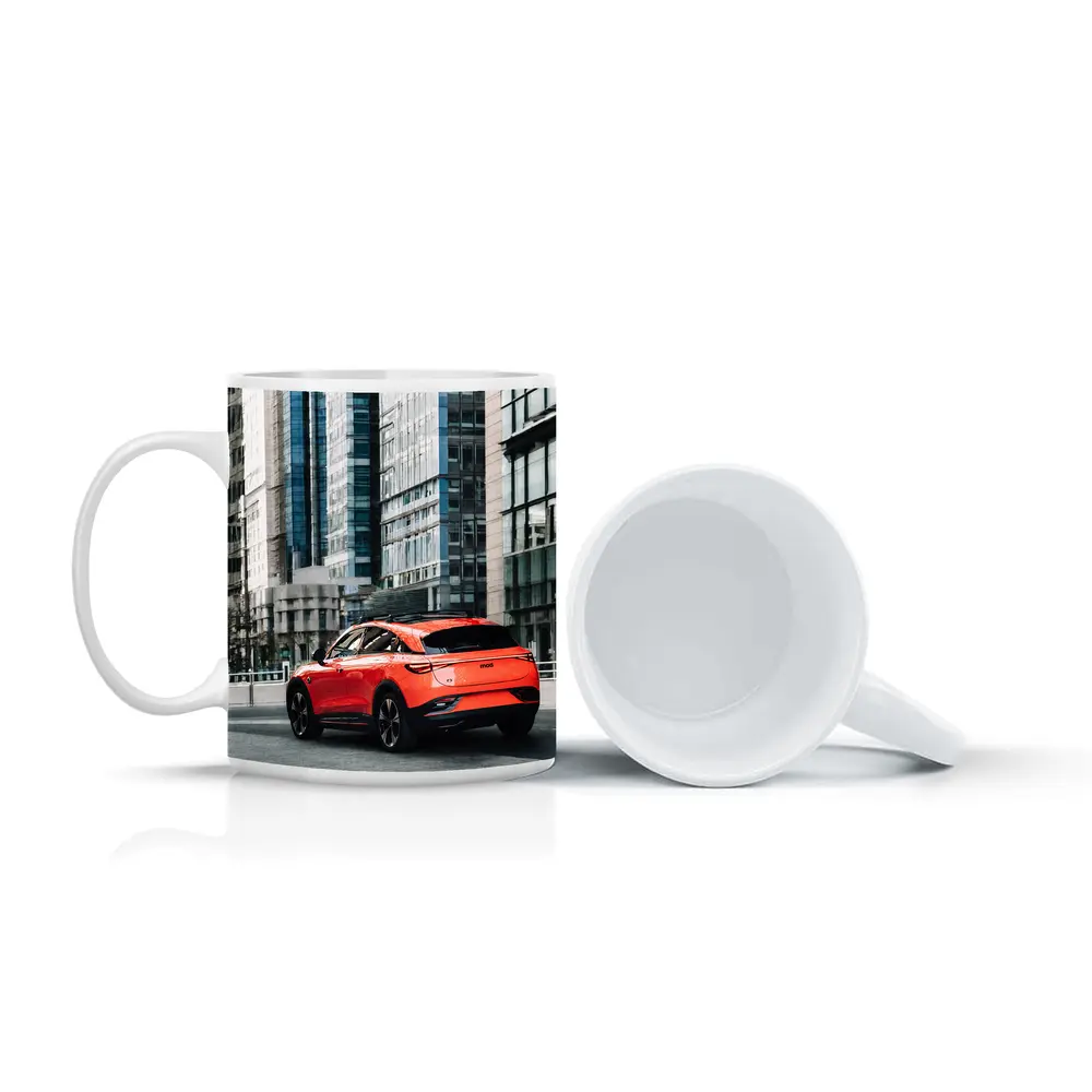 Red Electric SUV City Glass Buildings – Mugs