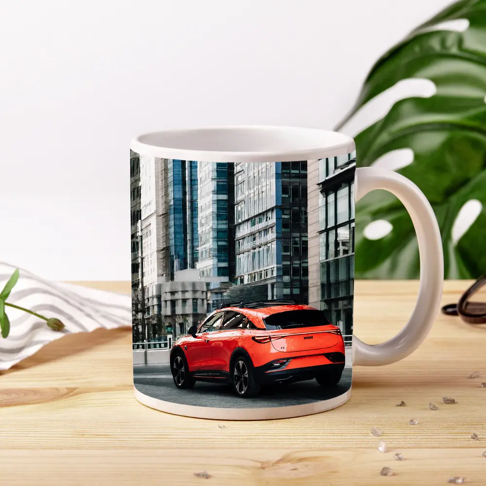 Red Electric SUV City Glass Buildings – Mugs