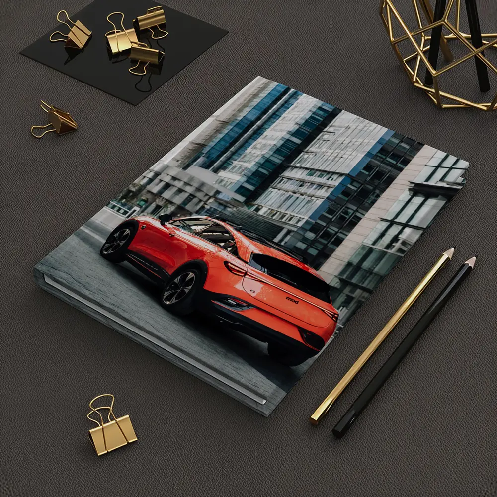 Red Electric SUV City Glass Buildings – Notebooks