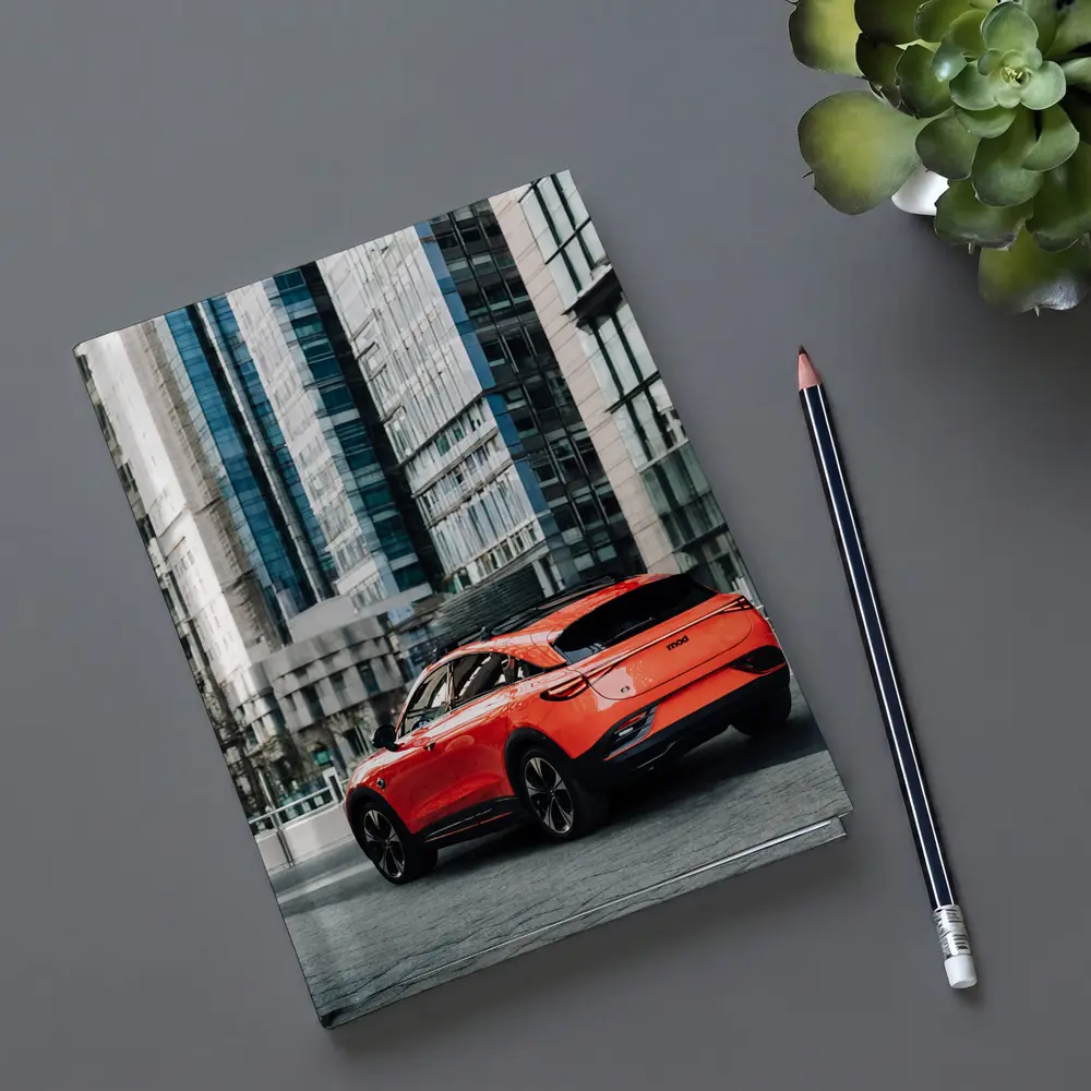 Red Electric SUV City Glass Buildings – Notebooks
