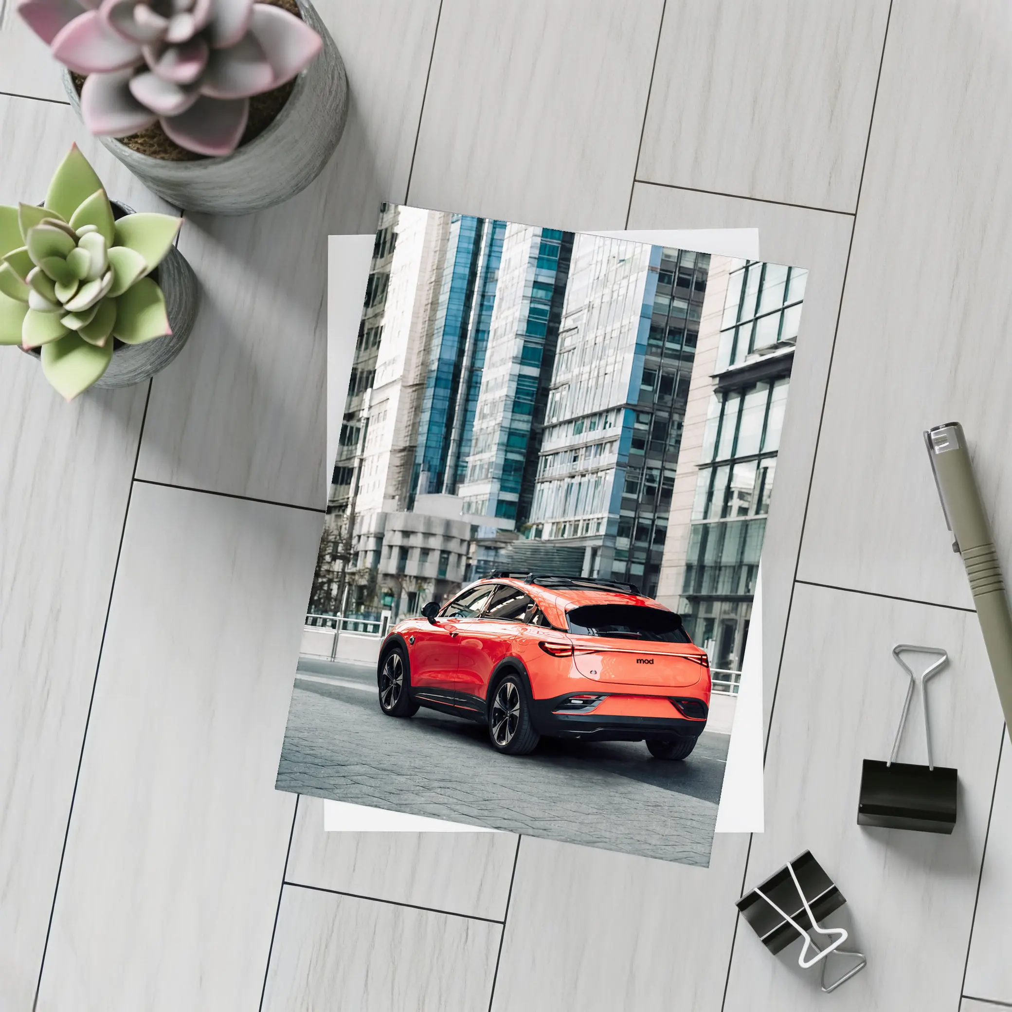 Red Electric SUV City Glass Buildings – Postcards