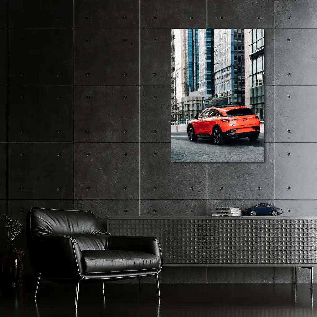 Red Electric SUV City Glass Buildings – Wall Art