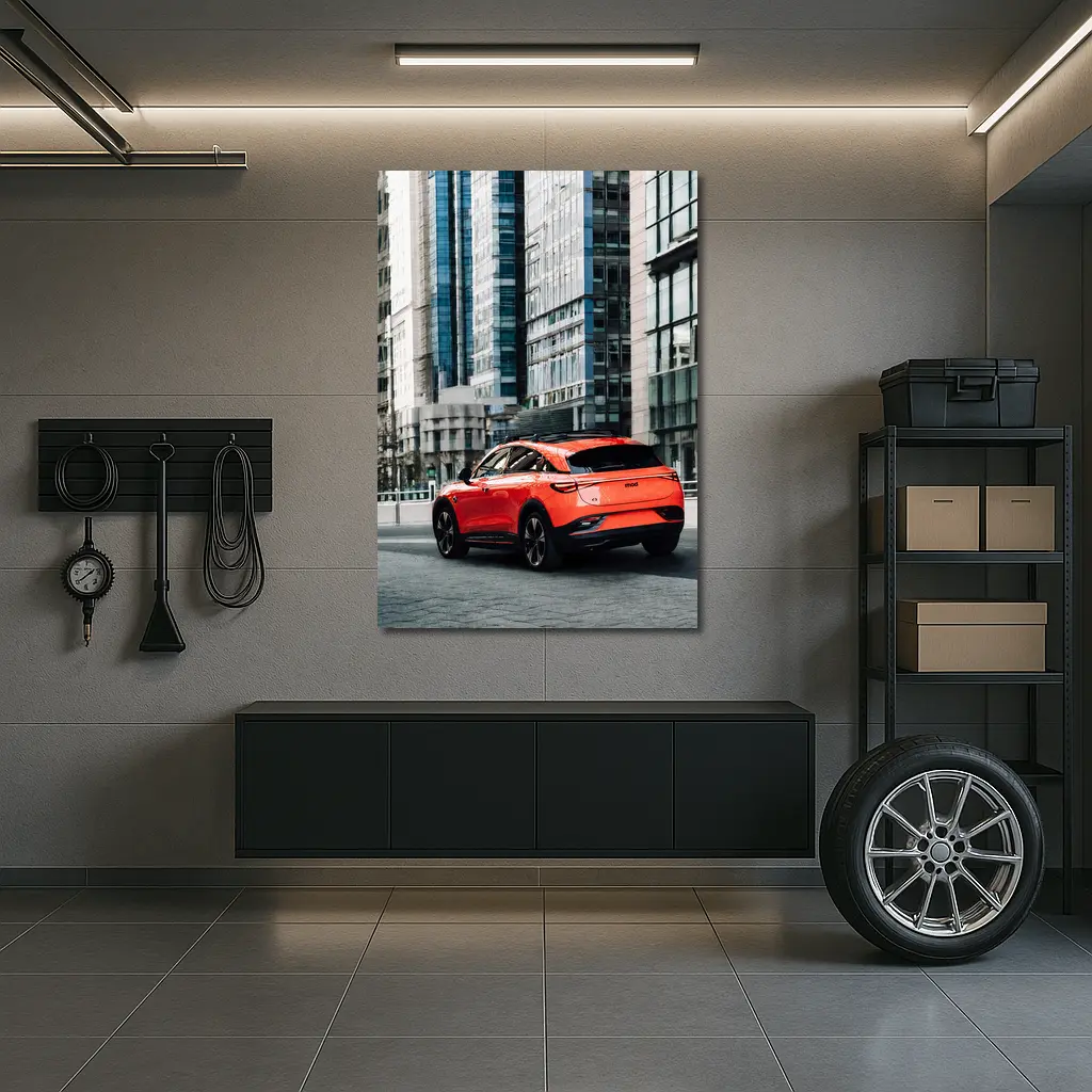 Red Electric SUV City Glass Buildings – Wall Art