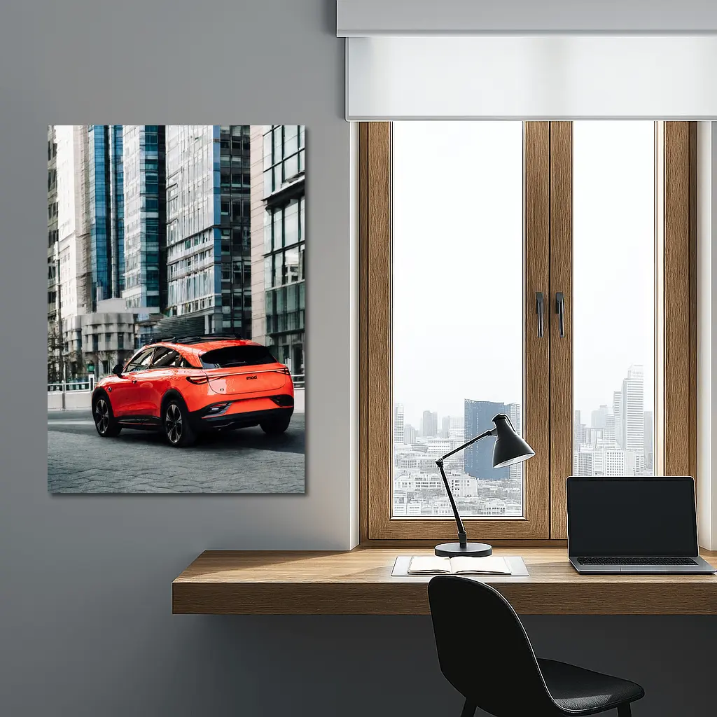 Red Electric SUV City Glass Buildings – Wall Art